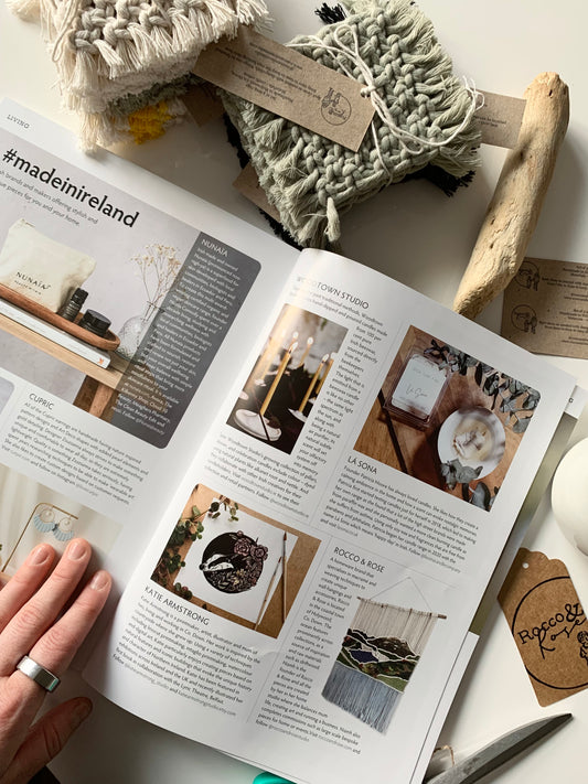 Rocco & Rose handmade woven and macrame wall hangings feature in Irelands Home interiors and living Magazine Jan 23 in the #madeinireland feature.